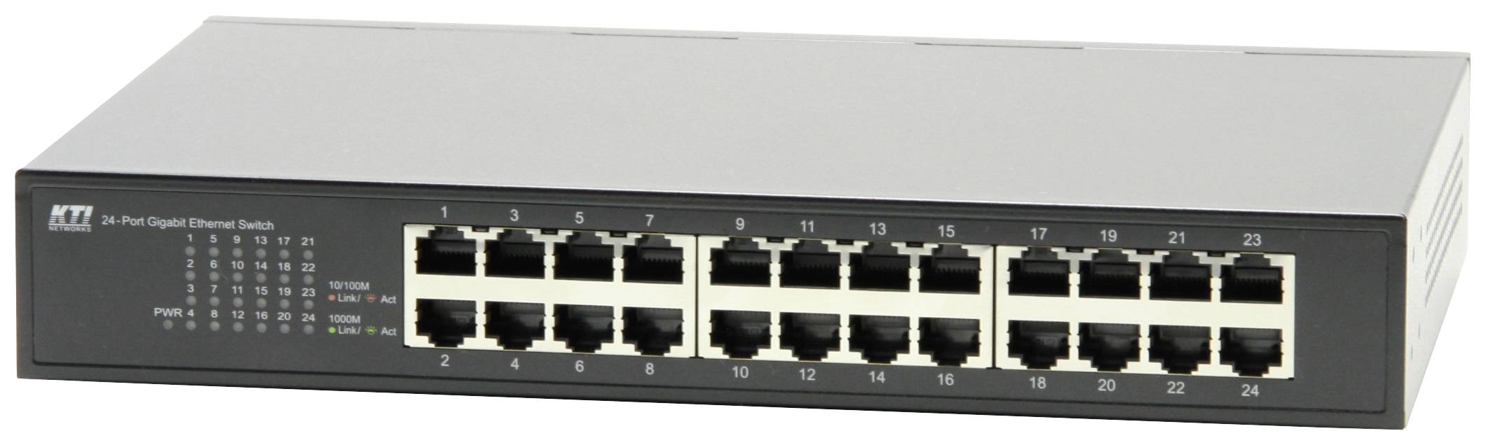 Ethernet switch with 24 ports, front view showing numbered ports and status indicators. Device is for network connectivity.