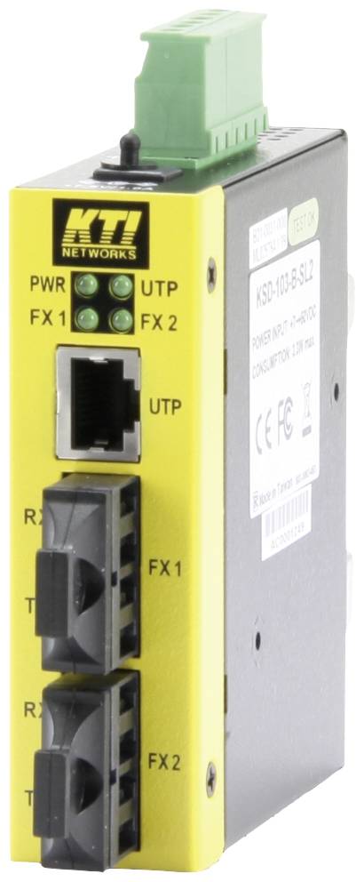 Industrial media converters with a yellow and black housing. Labelled with 'KTI Networks', showing LEDs, connections and ports.