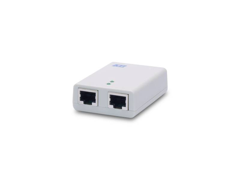 A small white network device with two Ethernet ports on the front and a green indicator light on it.