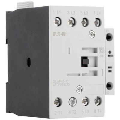 Electrical contactor with multiple connection terminals. The housing is white and black. Model number and manufacturer logo are visible.