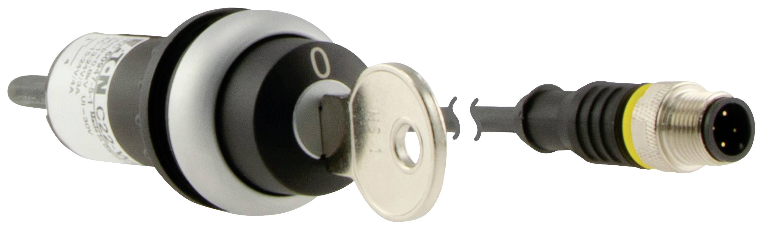 Electrical key switch with removable key, with a four-pole connector on the right for connection.