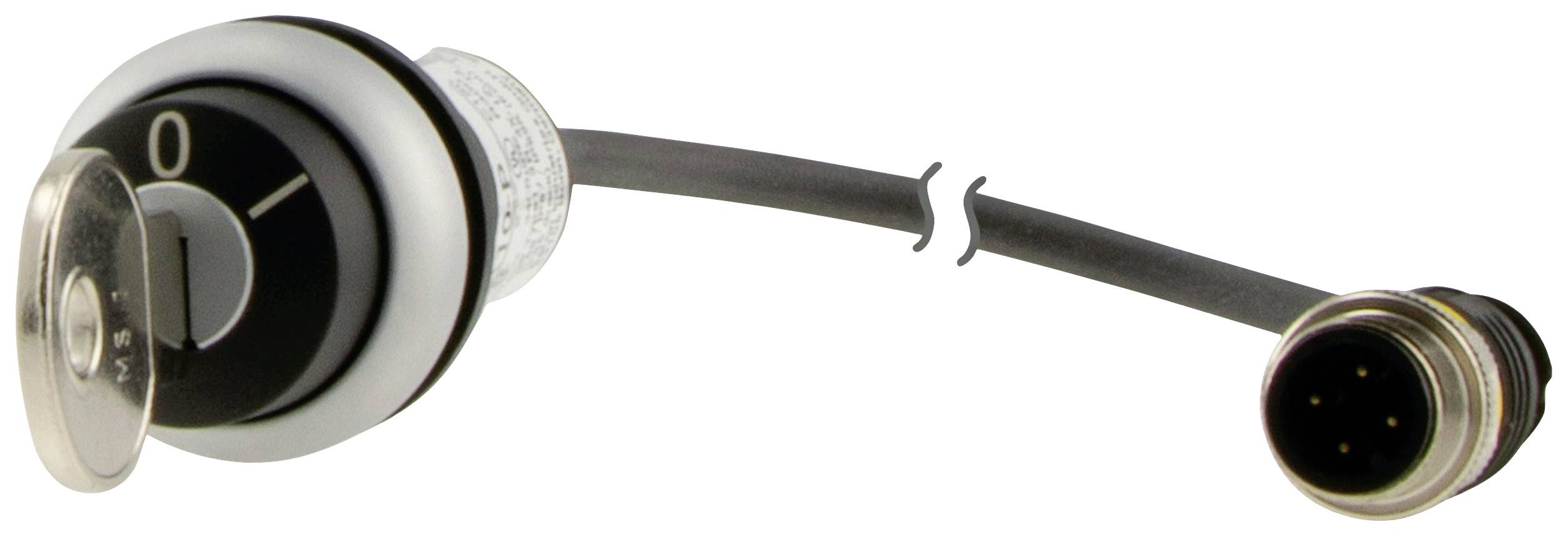 A silver-black key switch with a round housing and cable terminating in a 5-pin connector plug.