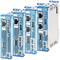 Four blue Eaton control units in a row, XC-204 models, with connections and switches for 'PLC' and 'PRG', different serial numbers.