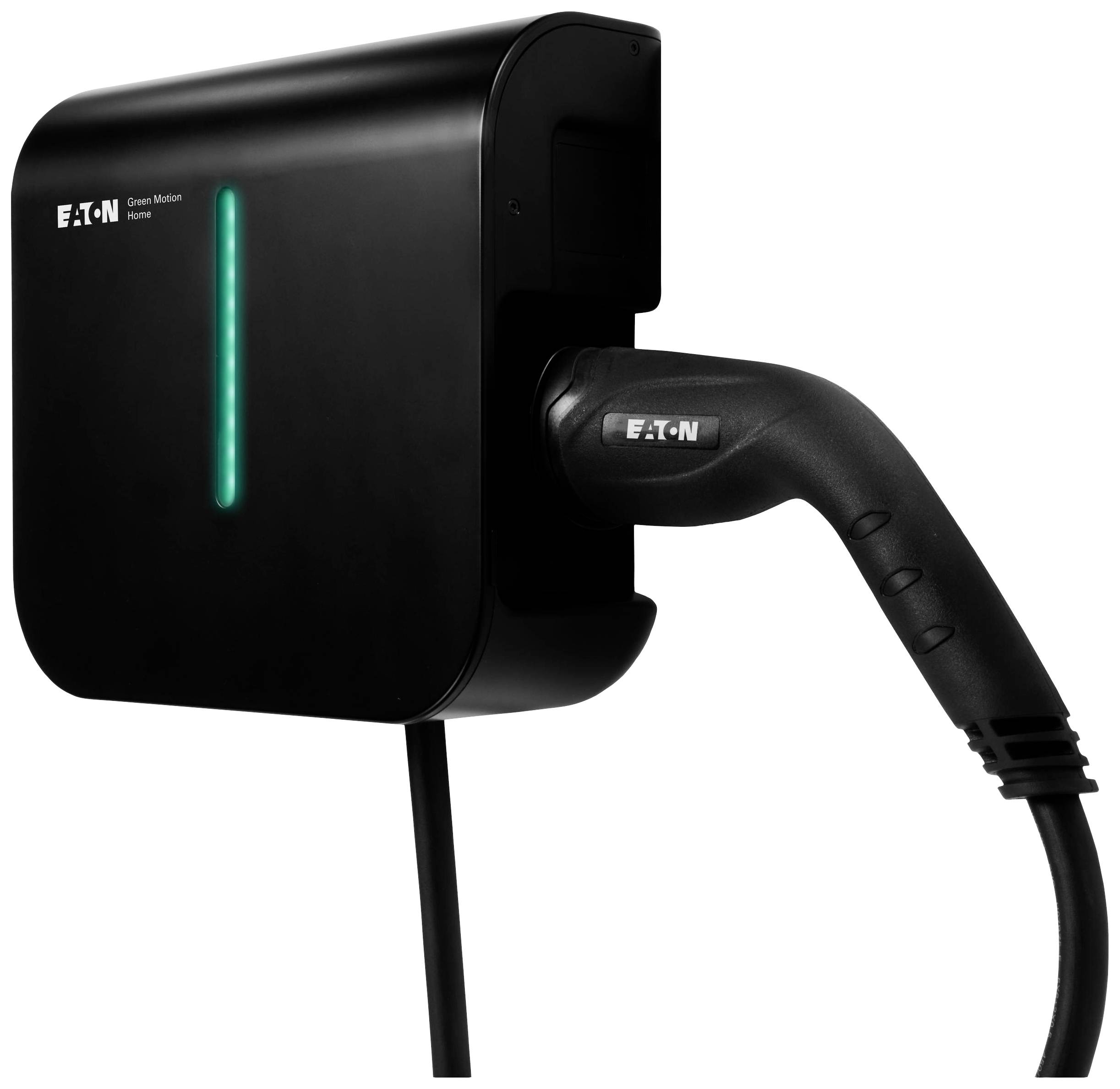 Black charging station with connected cable, brand logo visible. Suitable for electric vehicles, showing charging activity with illuminated LED.