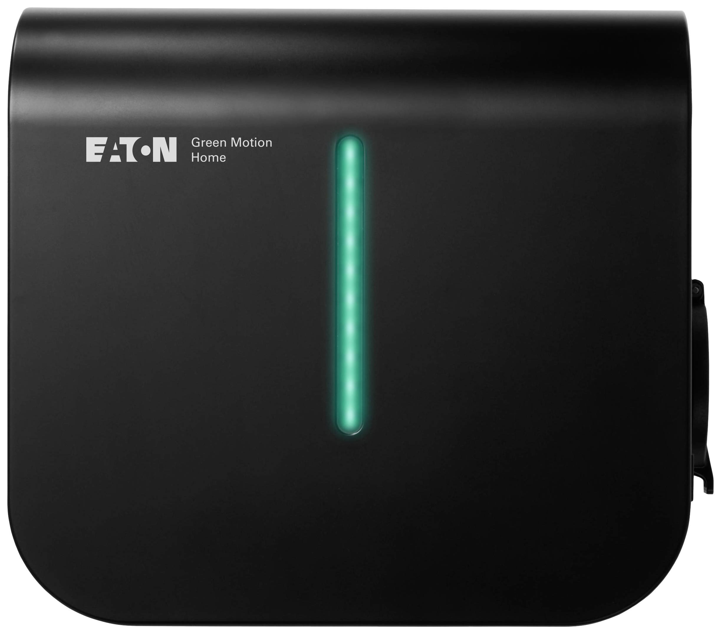Black wall-mounted charging point with a green illuminated stripe and 'EATON Green Motion Home' inscription in the top left corner.