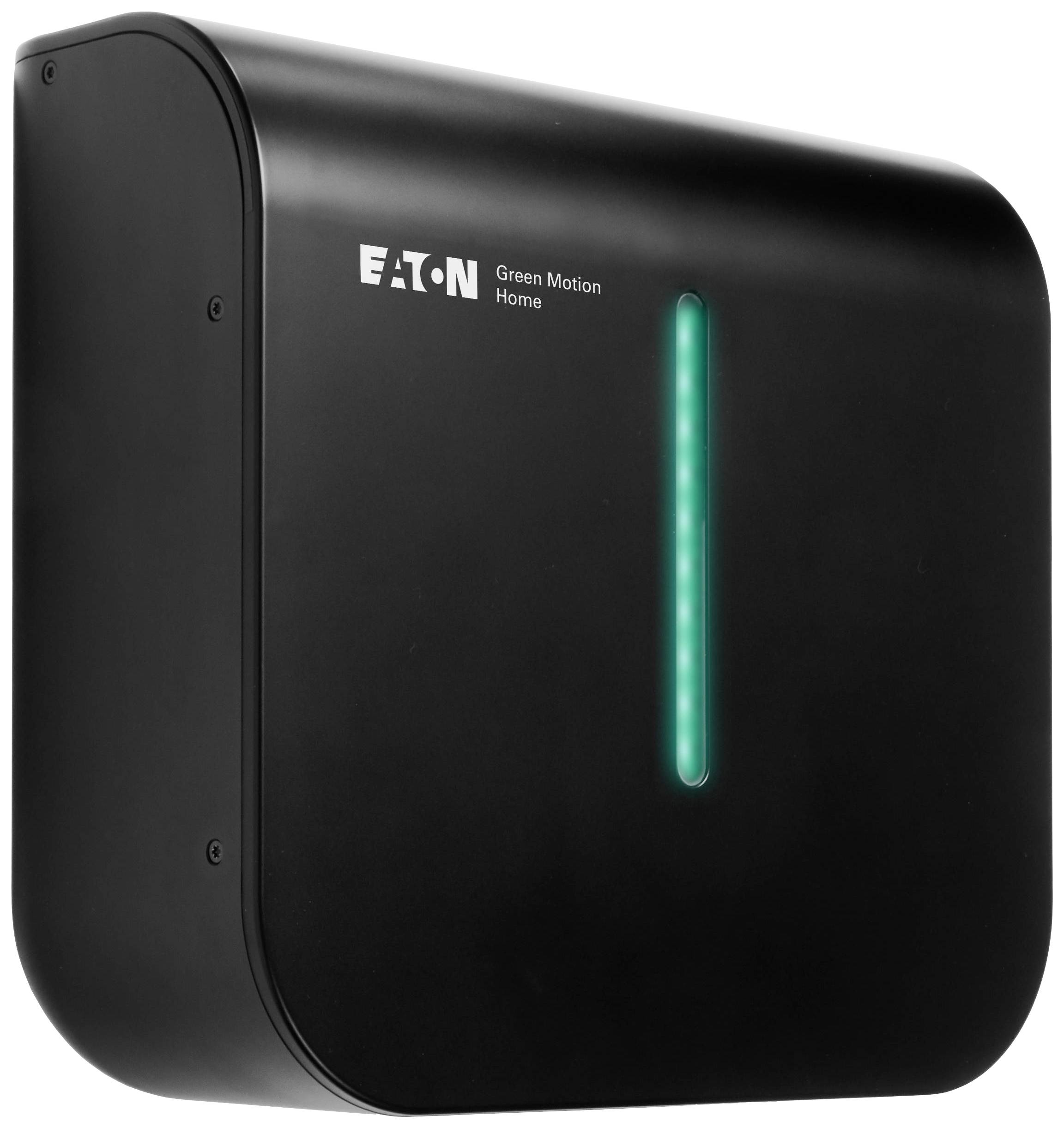 Black wall-mounted charging station with green vertical light indicator, marked with 'EATON Green Motion Home'.