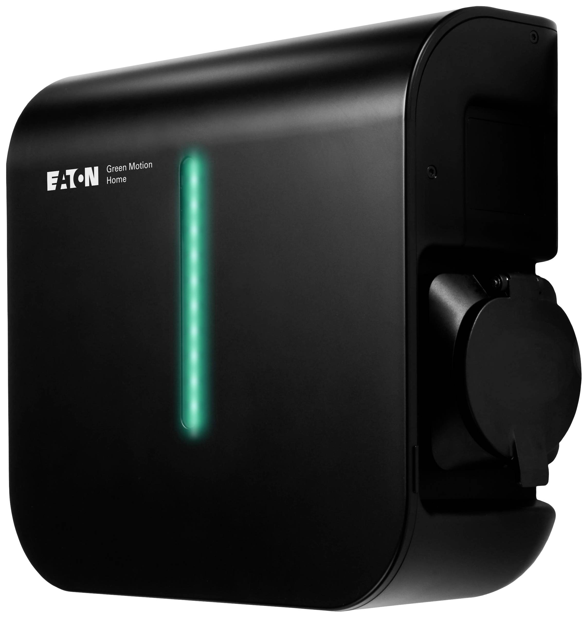 Black electric charging station with a green LED strip and EATON logo. Device for charging electric vehicles.