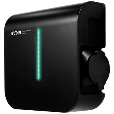 Black electric charging station with a green LED strip and EATON logo. Device for charging electric vehicles.