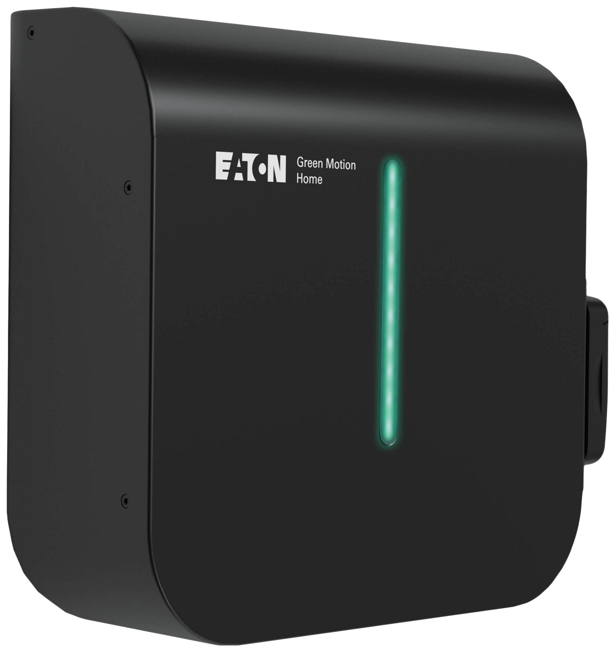 Black Eaton 'Green Motion Home' charging station with illuminating green LED strip at the front, for electric vehicles.