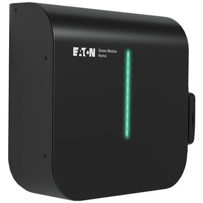 Black Eaton 'Green Motion Home' charging station with illuminating green LED strip at the front, for electric vehicles.