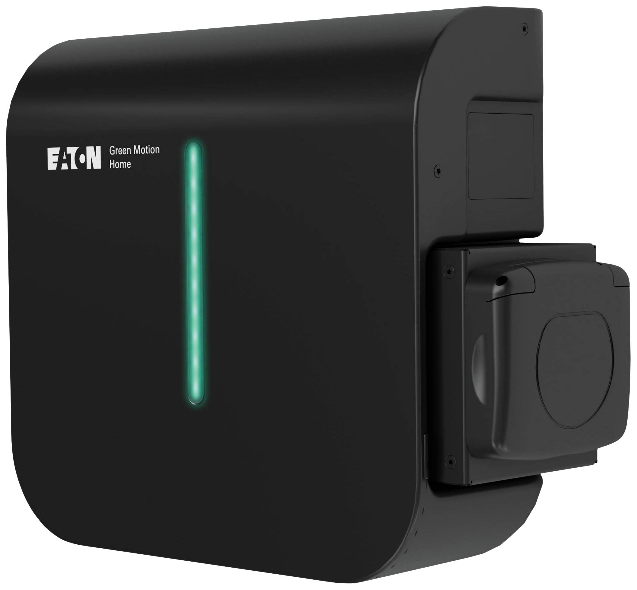A black Eaton Green Motion home charging station with a green LED indicator and charging port on the right side.