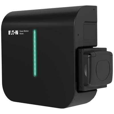 A black Eaton Green Motion home charging station with a green LED indicator and charging port on the right side.
