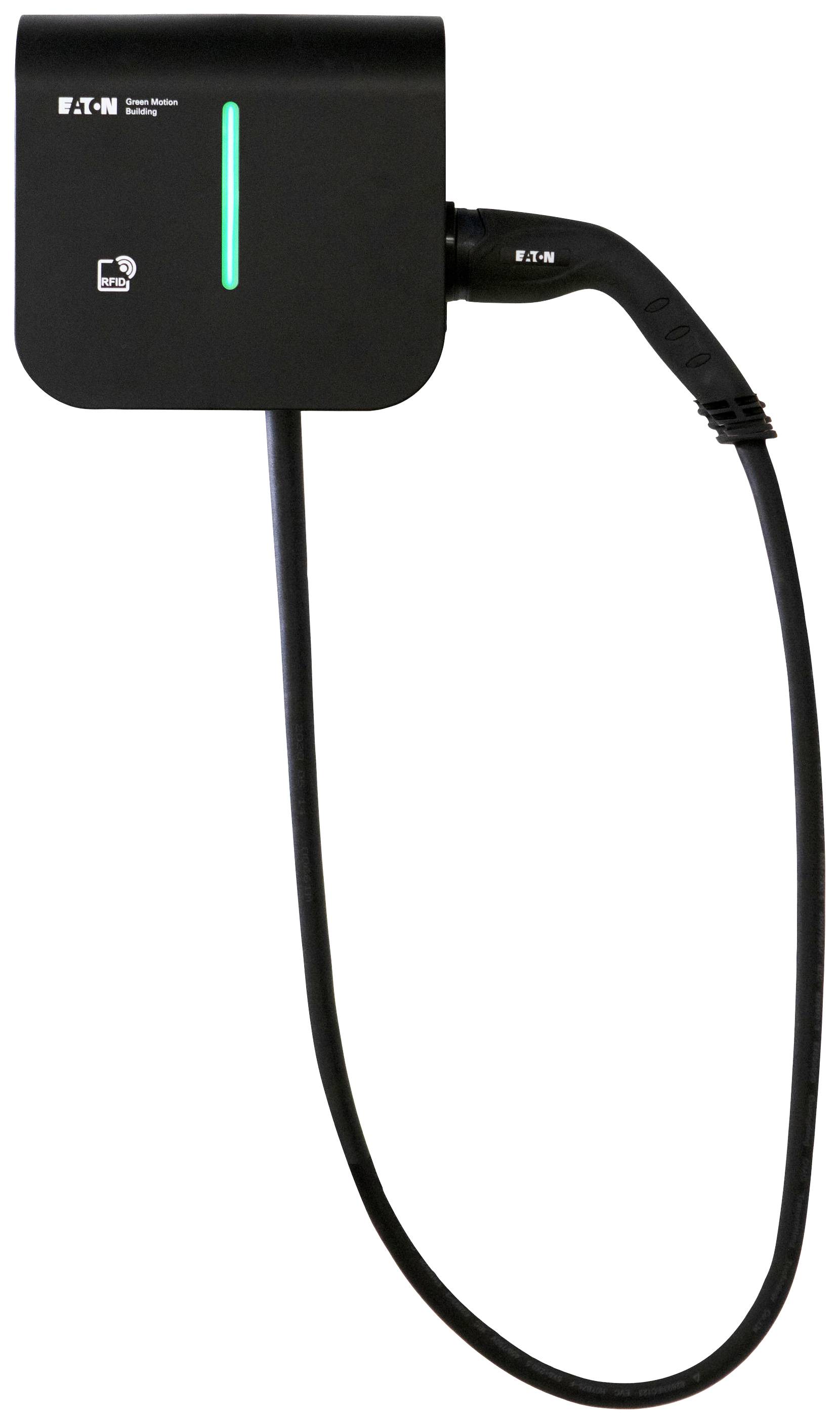 'Electric vehicle charging station with connected cable, suitable for electric vehicles. Brand logo and simple ease of use.'