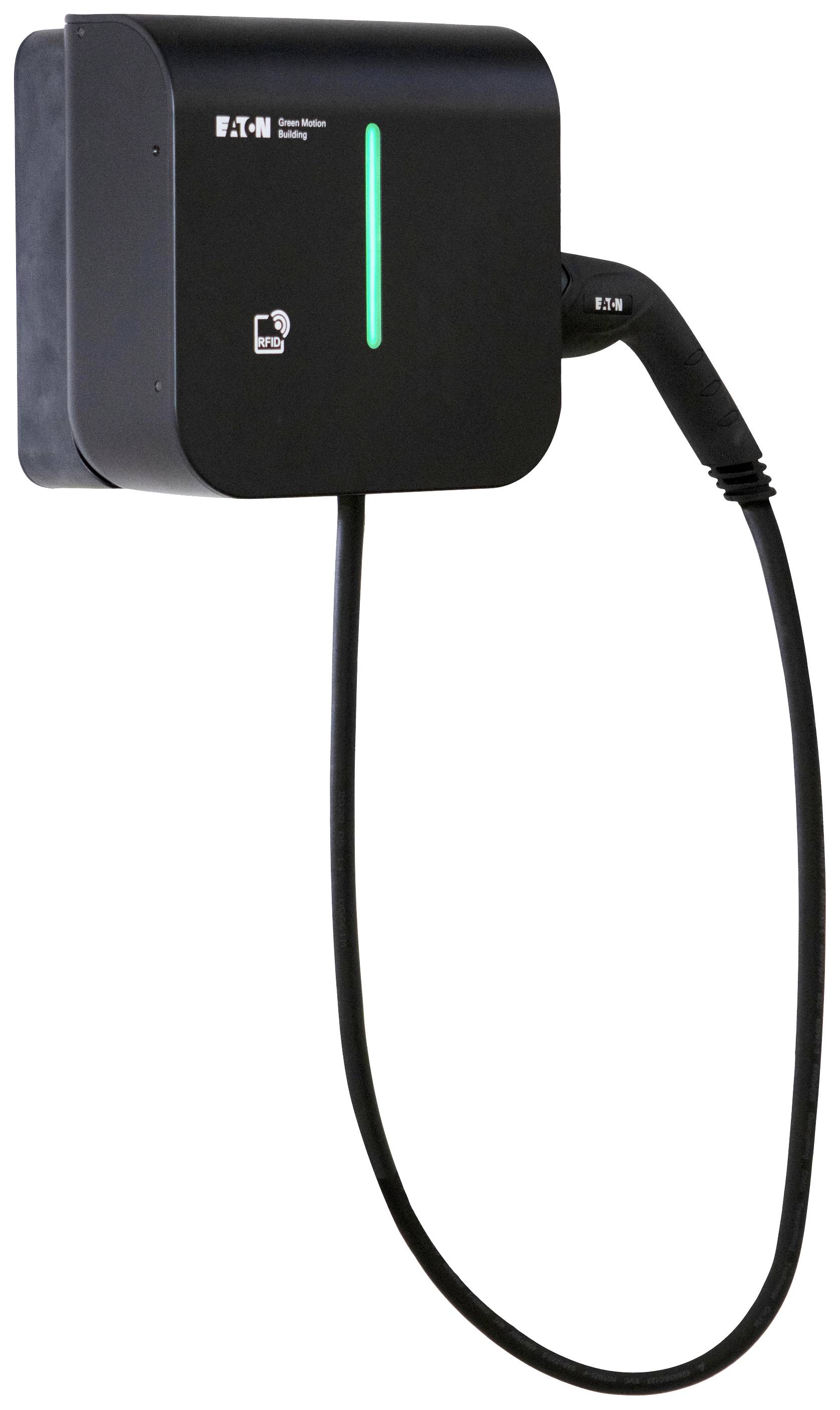 Electric vehicle charging point with a black casing and wired connection; brand logo and illumination indicator visible.