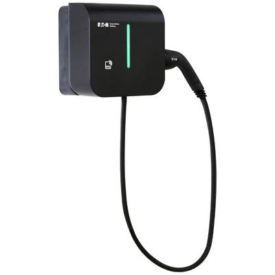 Electric vehicle charging point with a black casing and wired connection; brand logo and illumination indicator visible.