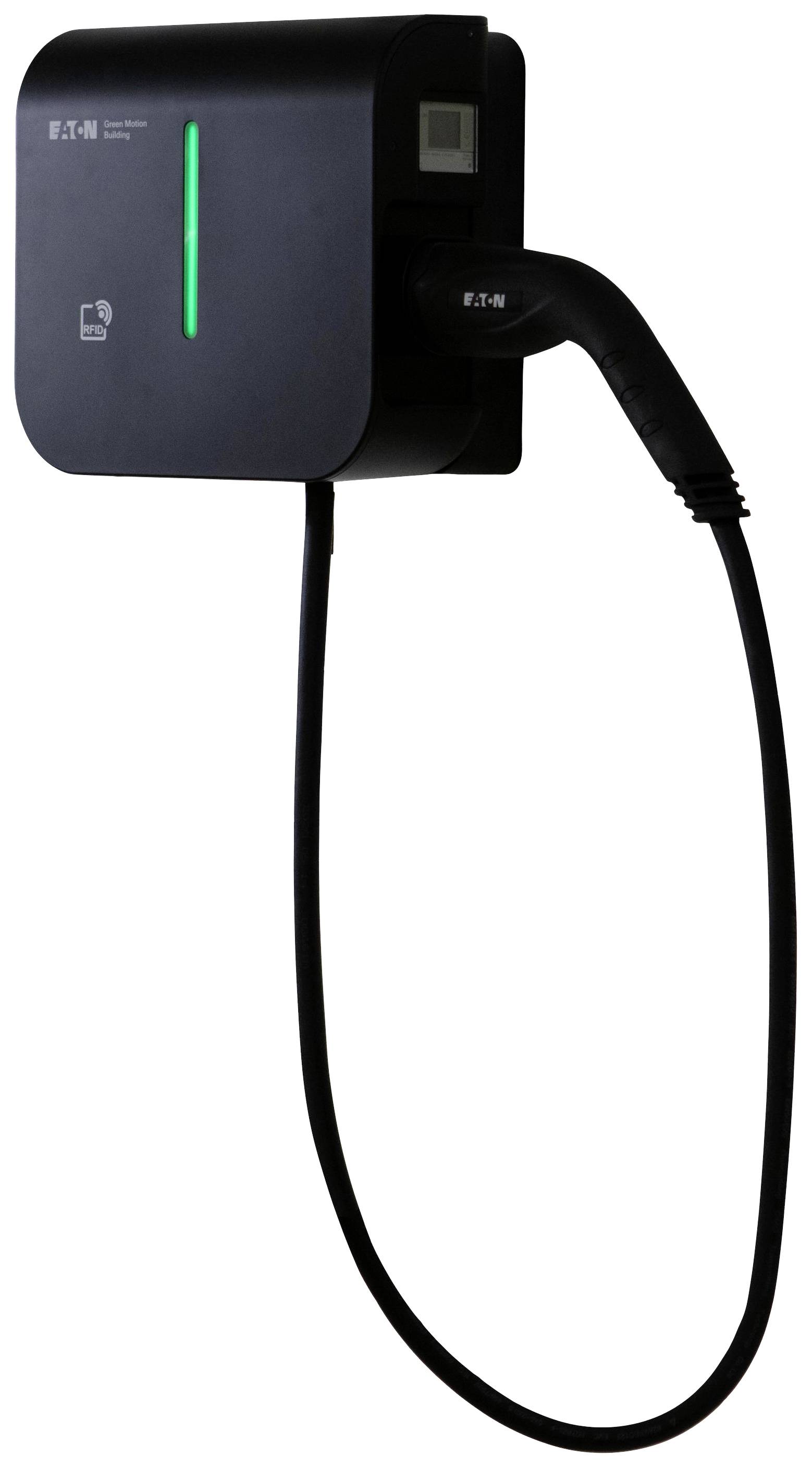 Black electric charging station with connected cable, green light strip, and RFID symbol. Wall-mounted and ready for use.