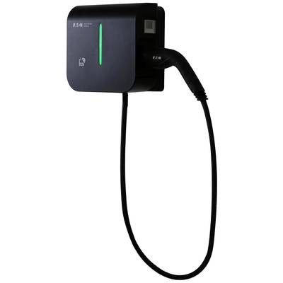 Black electric charging station with connected cable, green light strip, and RFID symbol. Wall-mounted and ready for use.