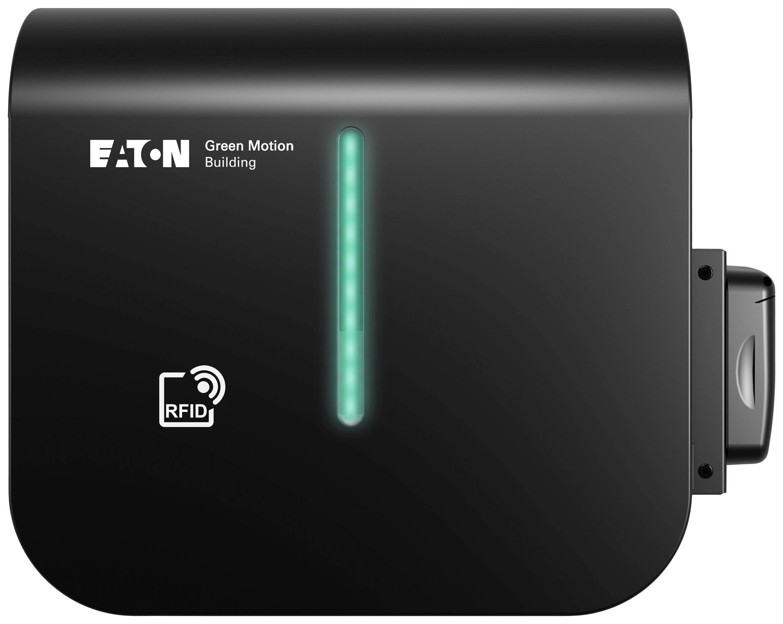 Black RFID charging device by Eaton with green charging light, marked with 'Green Motion Building'.
