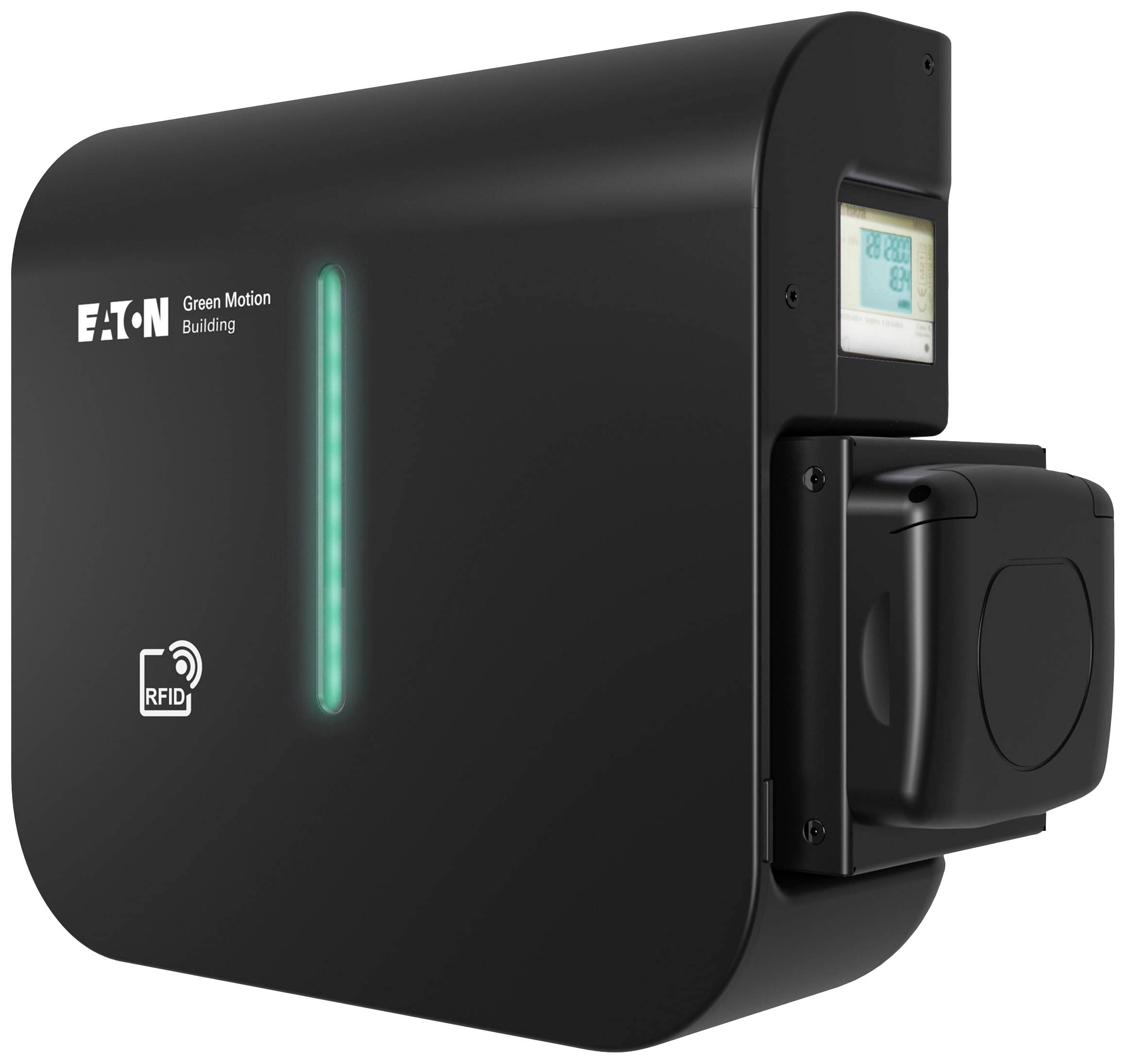 A black charger with a display and RFID logos. Shows a glowing green line. Eaton brand name visible.