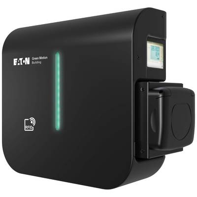 A black charger with a display and RFID logos. Shows a glowing green line. Eaton brand name visible.