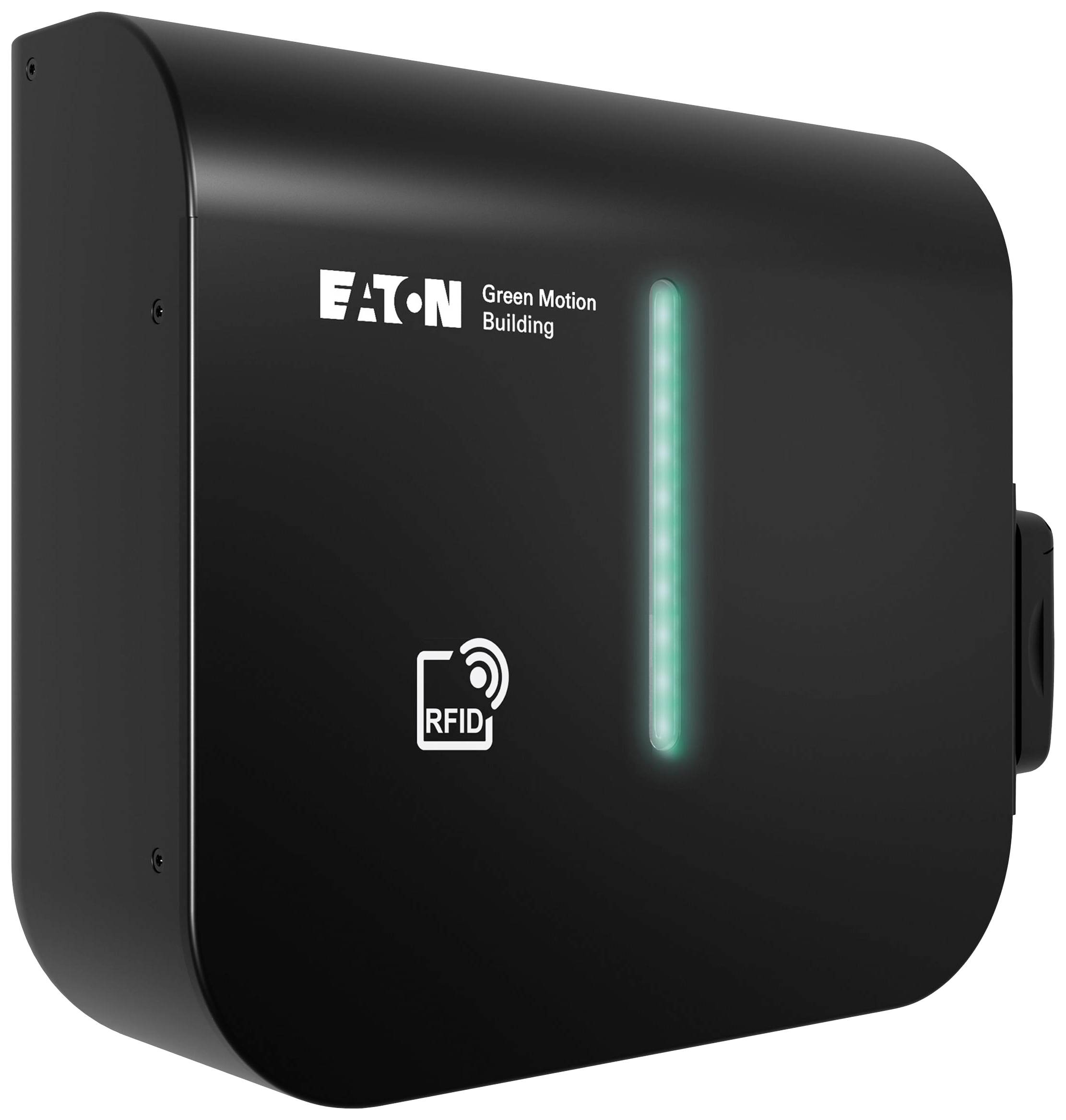 Black wall-mounted charging station with a vertical green light strip and RFID symbol, brand logo in the top left corner.