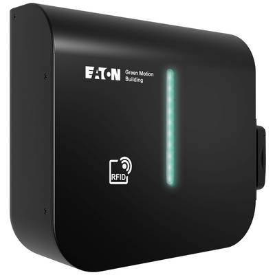 Black wall-mounted charging station with a vertical green light strip and RFID symbol, brand logo in the top left corner.