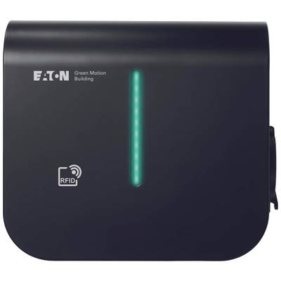 RFID charging station with green LED strip and 'EATON Green Motion Building' labelling, showing activated state.