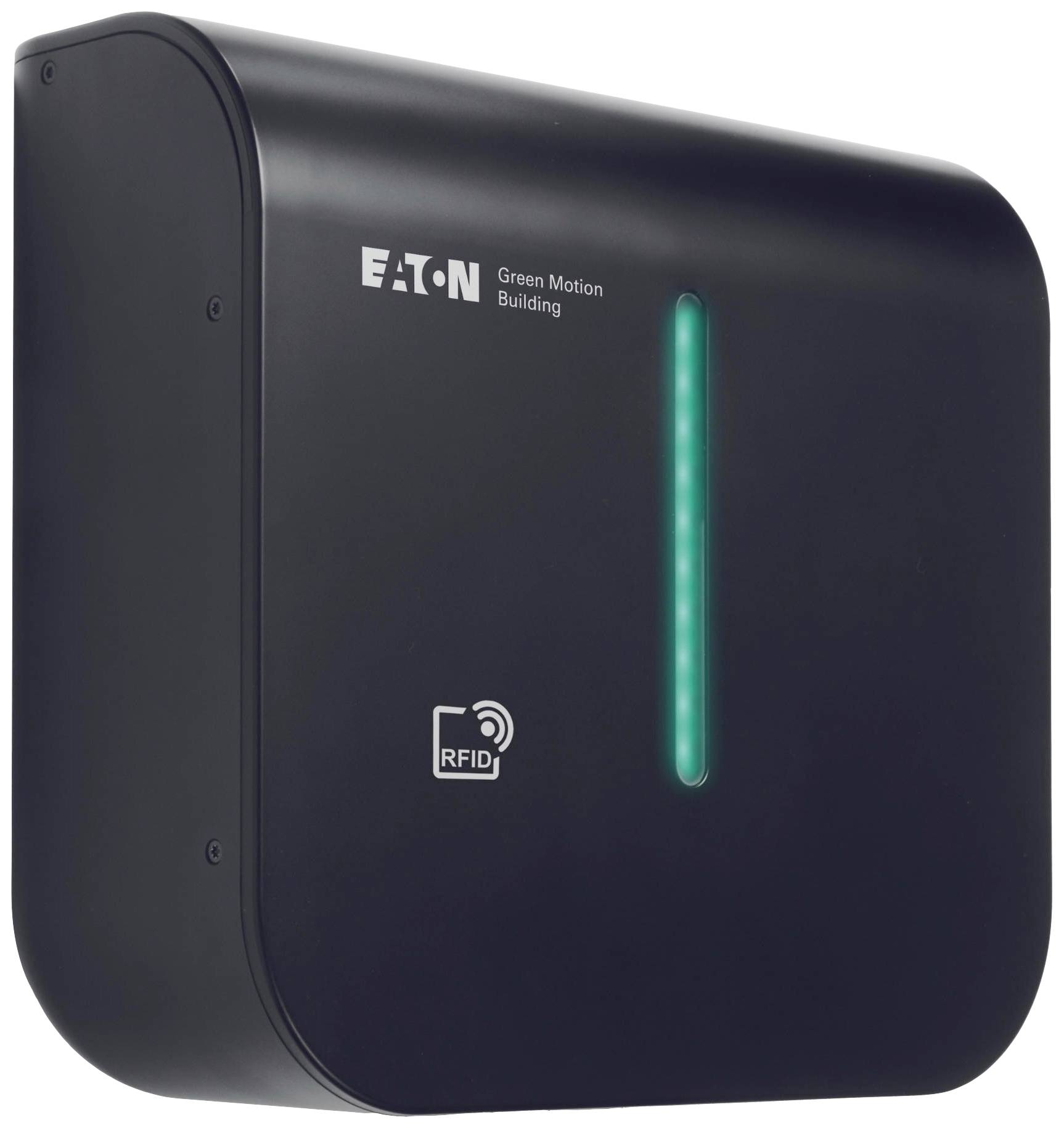 Wall-mounted, black RFID charging station for electric vehicles with a green light strip, brand inscription 'EATON Green Motion Building'.