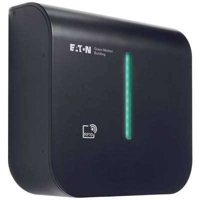 Wall-mounted, black RFID charging station for electric vehicles with a green light strip, brand inscription 'EATON Green Motion Building'.