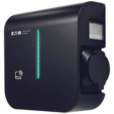 A black charger with a digital display and RFID functionality by Eaton, suitable for charging electric vehicles.