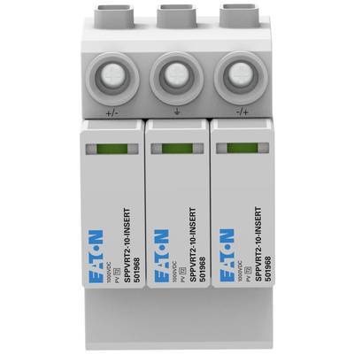 A three-phase surge protection device by Eaton with three modules, labelled 'SPPVT2-10-INSERT', with a green indicator on top.