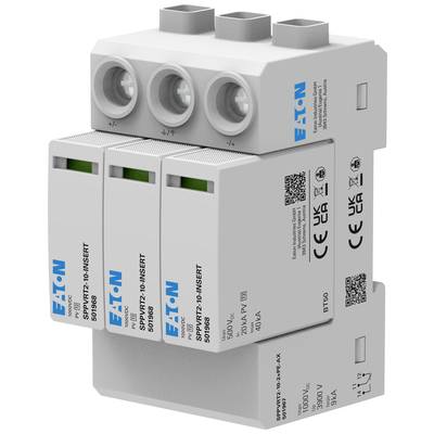A three-pole surge arrester by Eaton with 'CE' marking and technical specifications on the front.