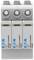Surge protection device with three interchangeable modules, characterised by current peak rating and manufacturer logo.