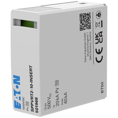 Compact white Eaton protective device with blue lettering, QR code, certifications, protects against overvoltage up to 40 kA.