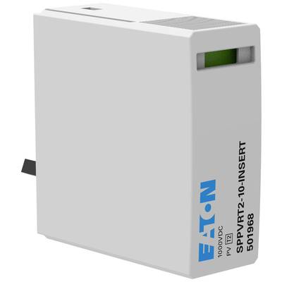 A white electrical device labelled 'Eaton SPPVRT2-10-INSERT', suitable for voltages up to 1000 VDC.