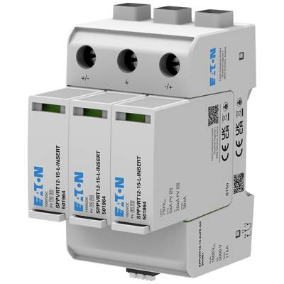'Eaton surge protection device, model number SPBT12S-LINSERT, with three connections. Housing in grey, suitable for electrical installations.'