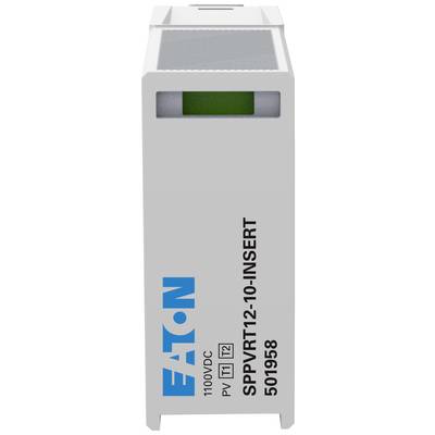 A white, rectangular surge protection device with blue 'EATON' lettering on the side, marked with '1100V/DC' and '50/958'.