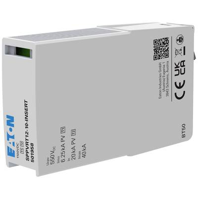 Electronic device by Eaton with label 'SPD PLT12-10-INSERT'. Contains technical specifications, QR code and inspection seal.