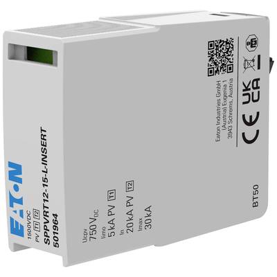 Grey rectangular device with blue 'Eaton' logo, QR code and technical specifications. Markings indicate voltage and current values.