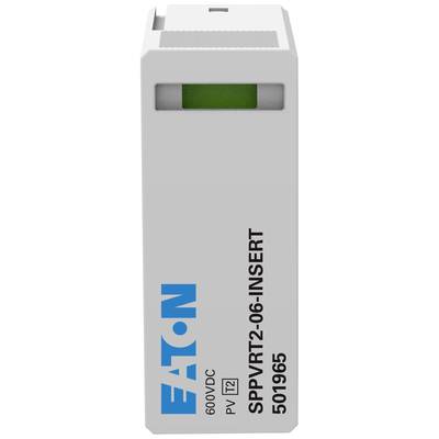 White Eaton fuse with the marking 'SPPVRT2-06-INSERT'. Suitable for 600VDC, PV T2 designation, model number 501965.