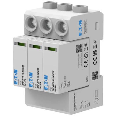 Three-pole overvoltage protection with blue 'EATON' logos. Contains technical data such as voltage and current strength in black and white.