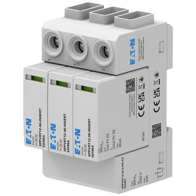 Eaton surge arresters with three modules for use in electrical systems. Displays connections, brand logo, and certification symbols.