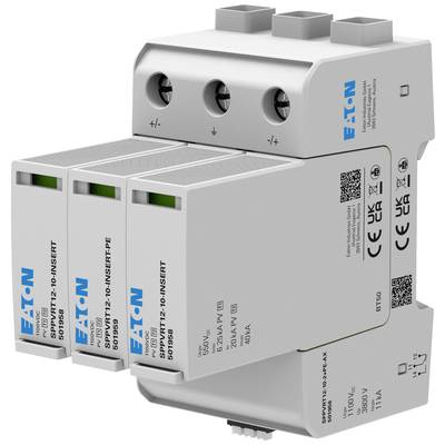 Three-phase surge protection with three modules and brand logo, suitable for use in electrical distribution boards.