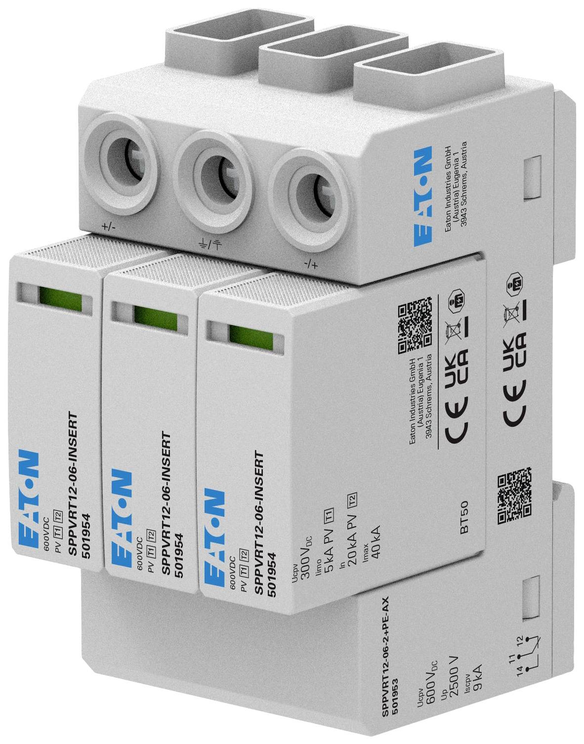 An electrical surge protection device with three modules by Eaton, marked with technical specifications and certification symbols.