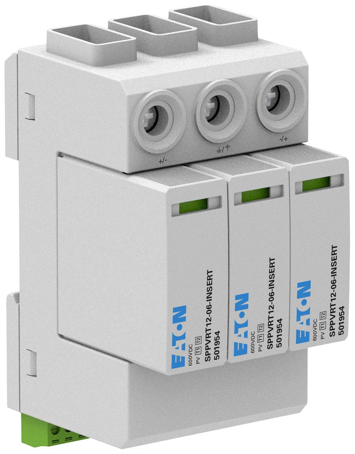 Three-way DIN rail surge protection device, branded 'Eaton'. Used for protecting against voltage surges.