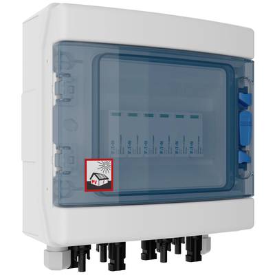 A grey distribution box with a transparent blue cover. Labels and icons indicate electrical components inside.
