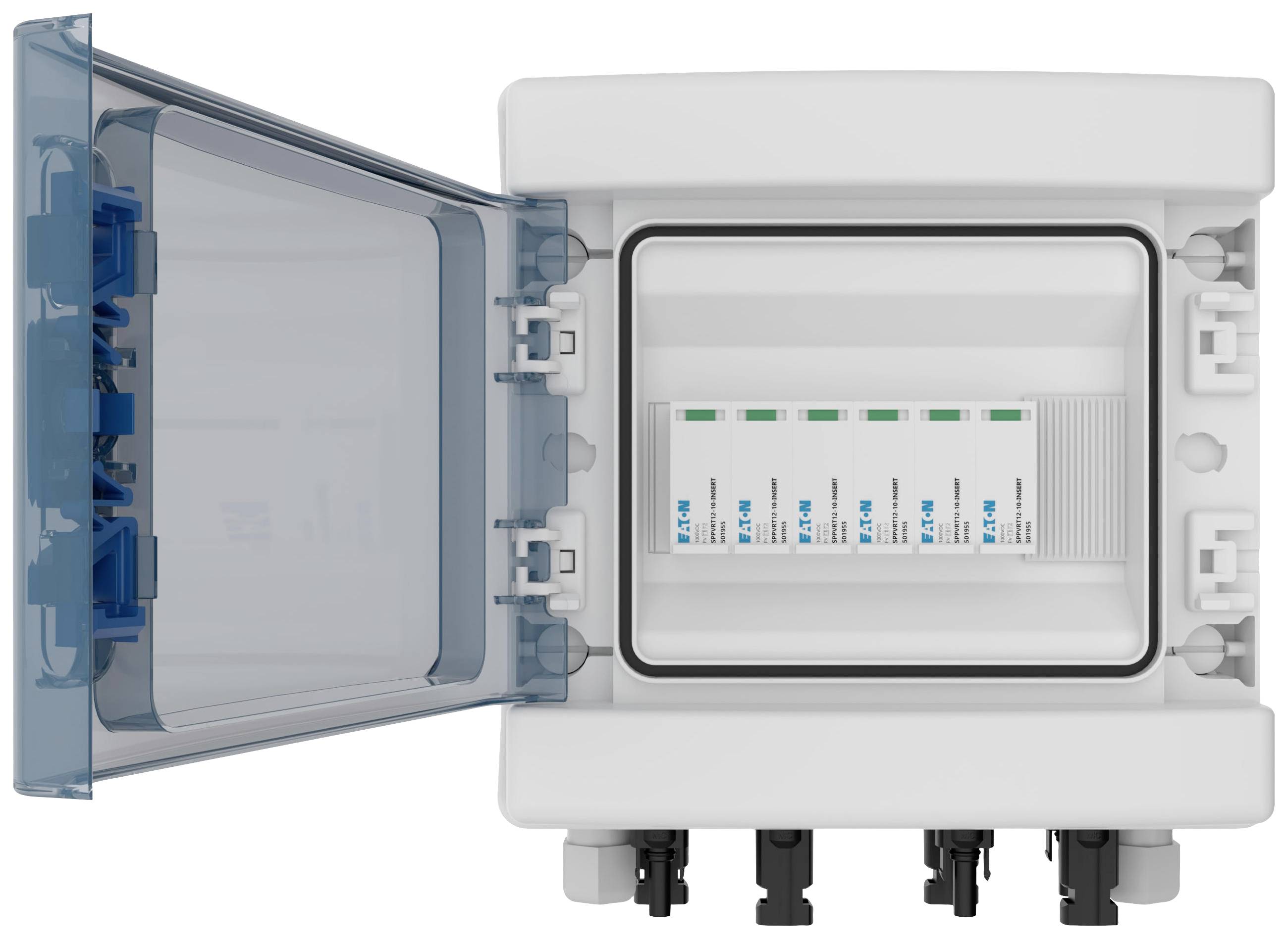 Open distribution cabinet with five built-in fuses, each with a switch and indicator. Transparent door design allows visibility of contents.