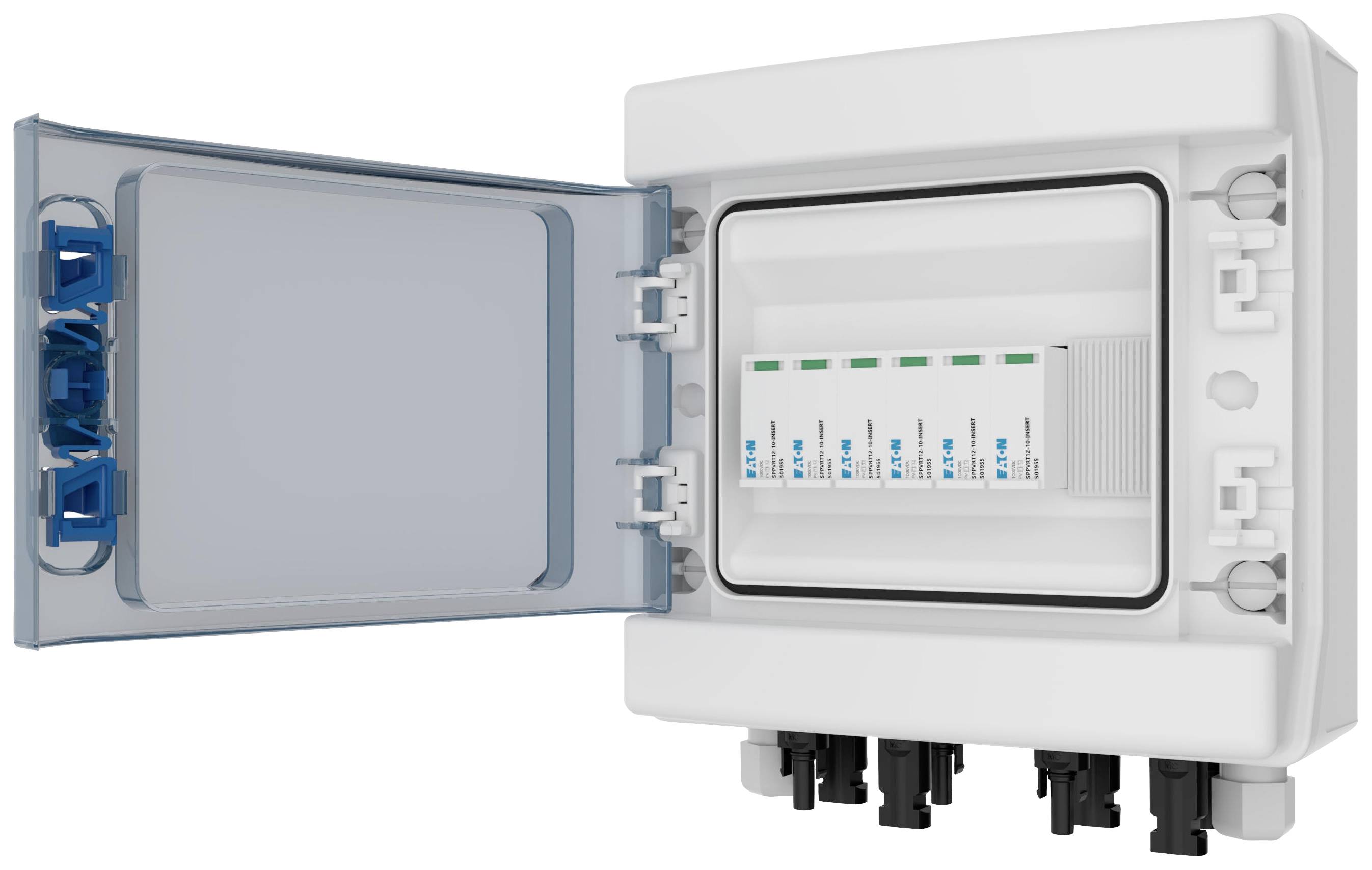 An open fuse box with six switches, enclosed within a white casing. Cable apertures are visible at the bottom.