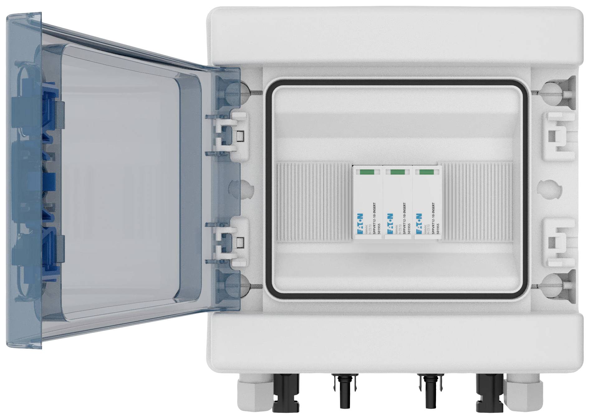 An open, white electrical cabinet with a blue door shows three switches arranged side by side inside.