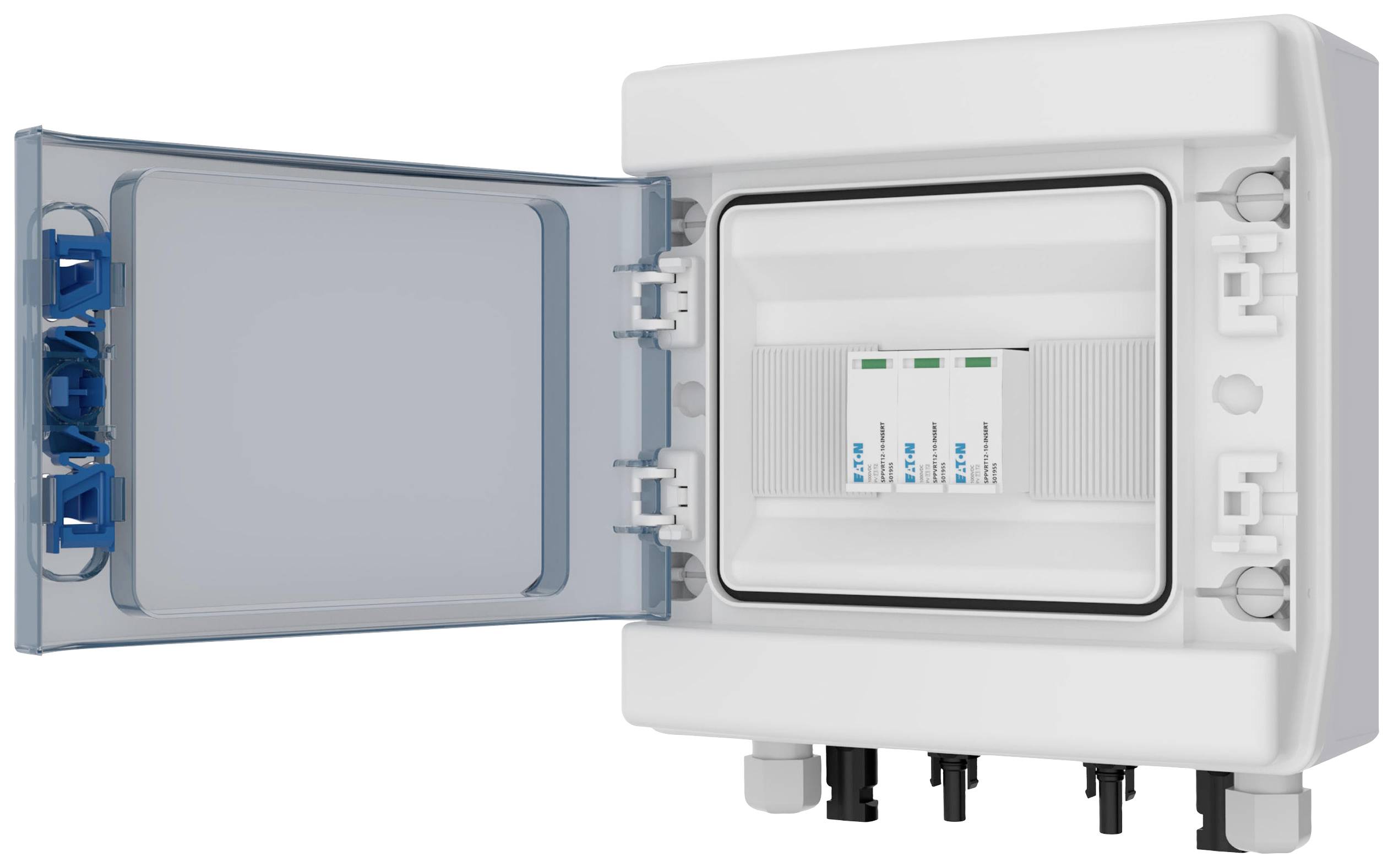 An open distribution board shows three installed fuses. The board is wall-mounted and has cable entries at the bottom.